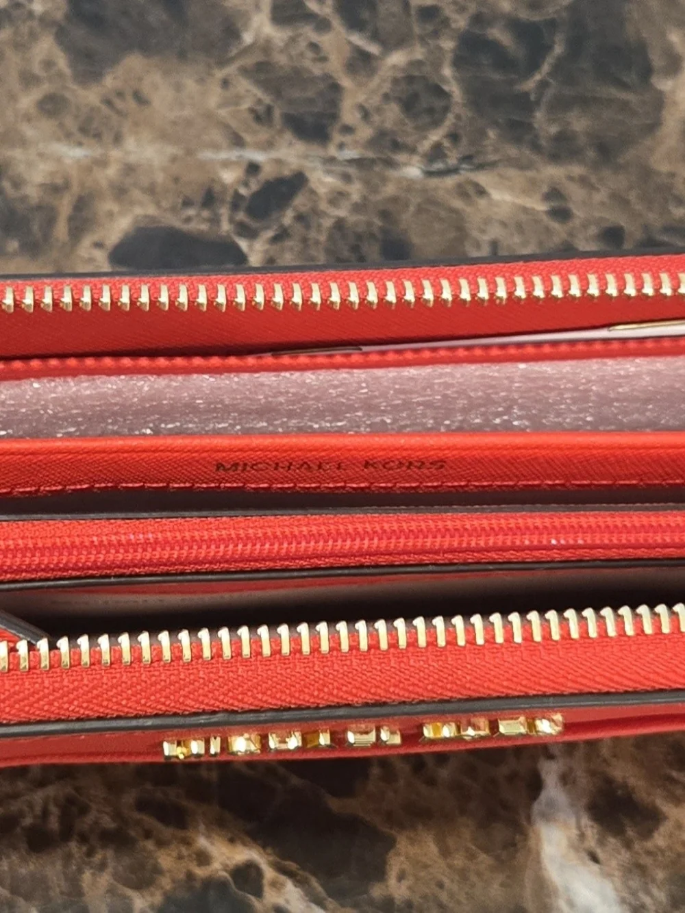 Michael Kors Coral-Red Zip Wallet with Gold Logo